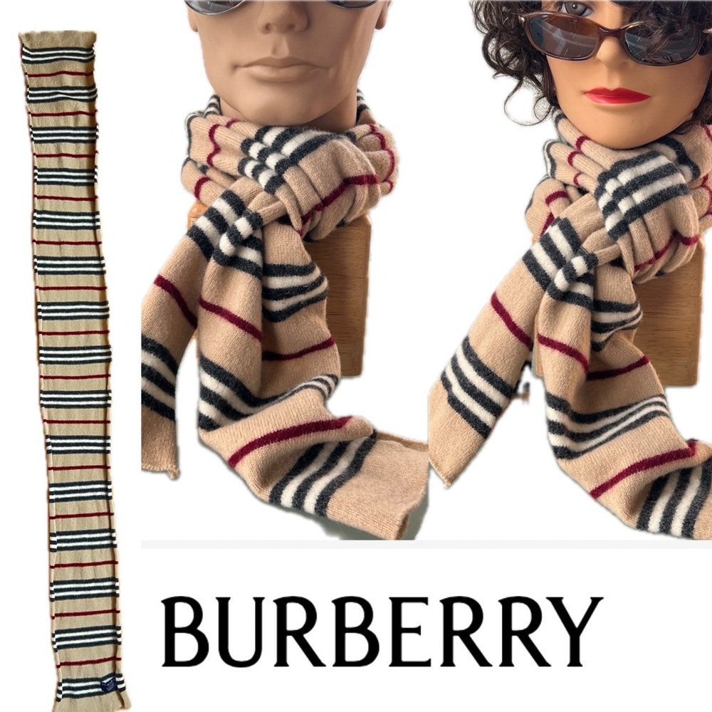 🐑Lambswool Nova Stripe Beige/Black/Maroon Rolled Edges Scarf | Burberry London